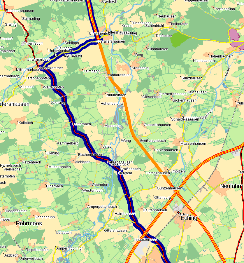 Route avoiding a traffic distortion (route in blue, traffic distortion in orange)